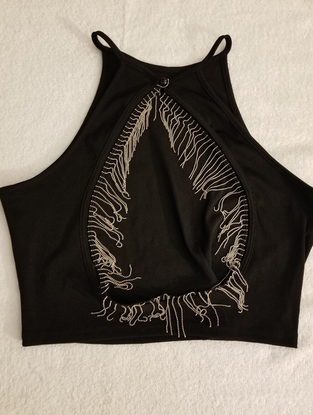Black Silver Fringe Cutout Crop Tank Top